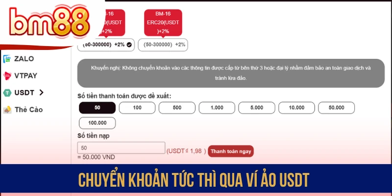 Chuyển khoản tức thì qua ví ảo USDT